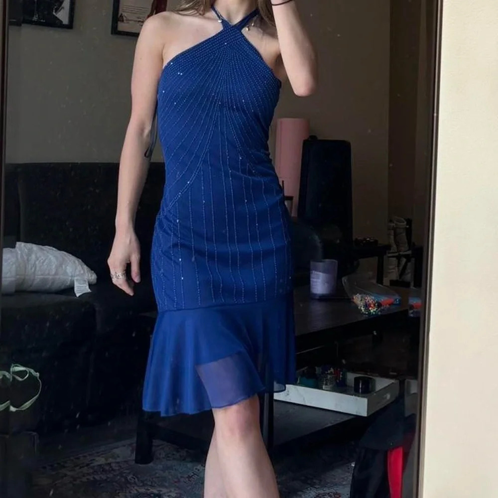 vintage blue beaded sequin asymmetrical dress mesh lace fairy dress halter mini